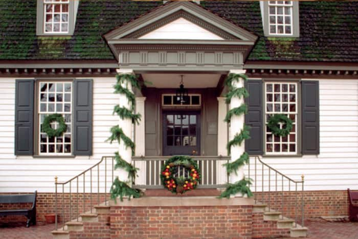 Fall decorations around the entrance to King's Arms Tavern in Colonial Williamsburg.